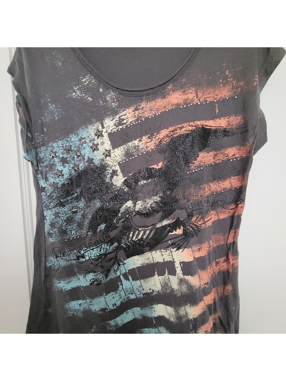 Rock Republic T-Shirt Womens XS Dark Gray Short Sleeve American Flag Eagle Stars